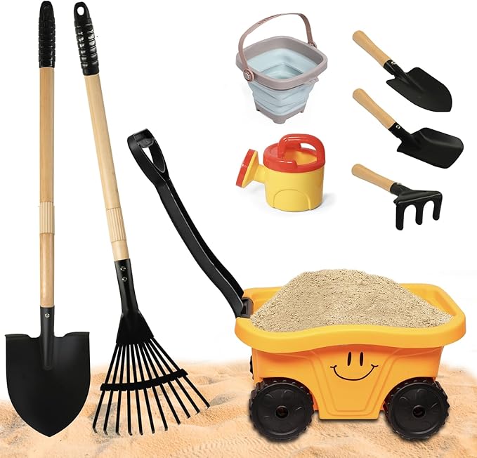 Kids Wagon with Beach and Garden Tools Set, Kids Shovel for Digging, Rake, 8PCS Gardening Outdoor Toys for Ages 3-4