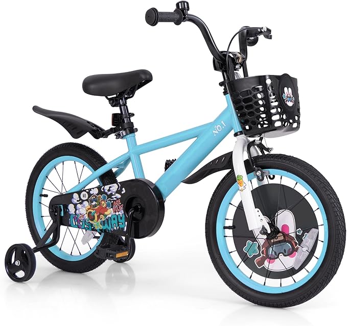 BABY JOY Rabbit Pilot Sporty Kids Bike, 12 14 16 18 Inch Child Bike for 3-8 Years Old with Adjustable Height, Training Wheels, Storage Basket, Handbrake & Coaster Brake, Kids Bicycle for Girls Boys