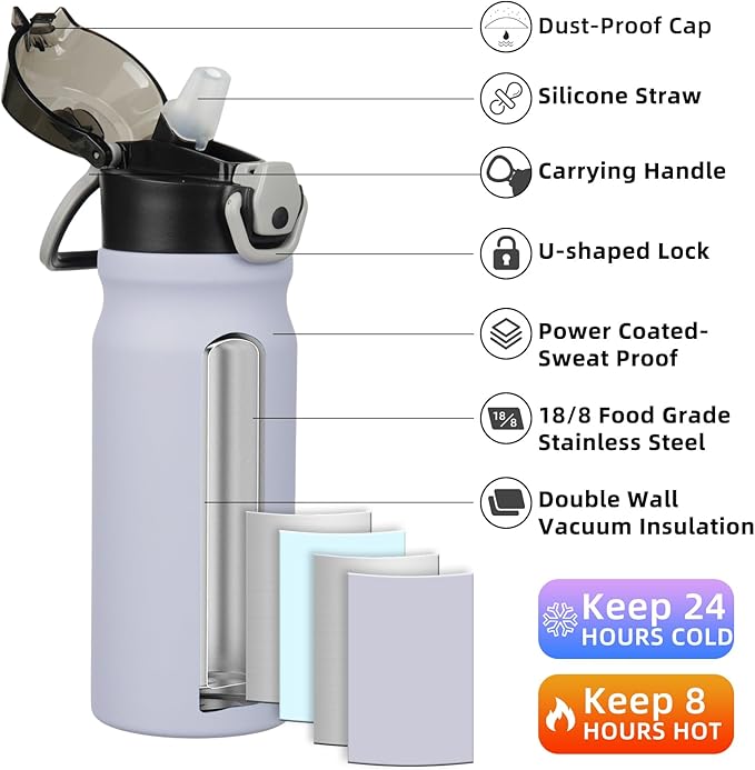 BJPKPK Water Bottle with Straw 18oz Insulated Water Bottles Reusable Stainless Steel Metal Thermal Flask with Leak Proof Lockable Lid and Carry Handle,Iceberg