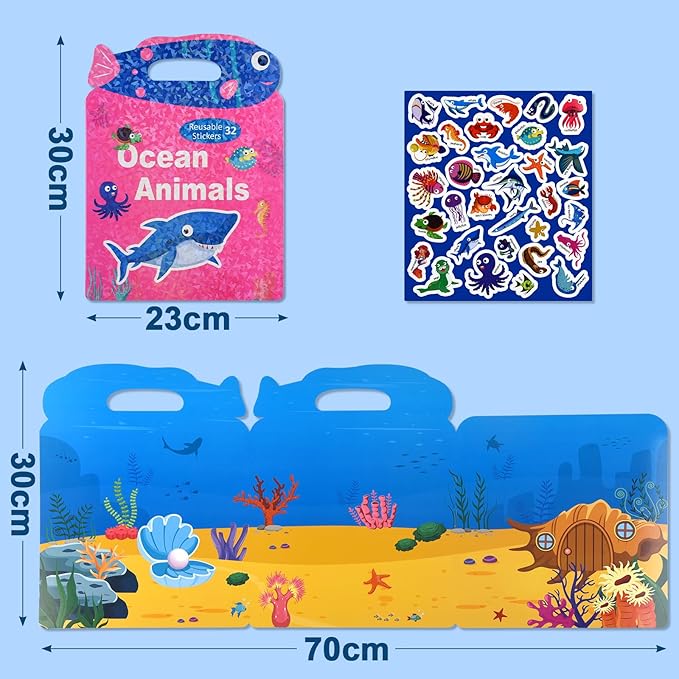 ASTARON 3 Pack Reusable 3D Puffy Sticker Book for Kids 3-6, Jelly Sticker Game Educational Sensory Learning Toy, Travel Toys and Busy Book(Animal Shade Handle)