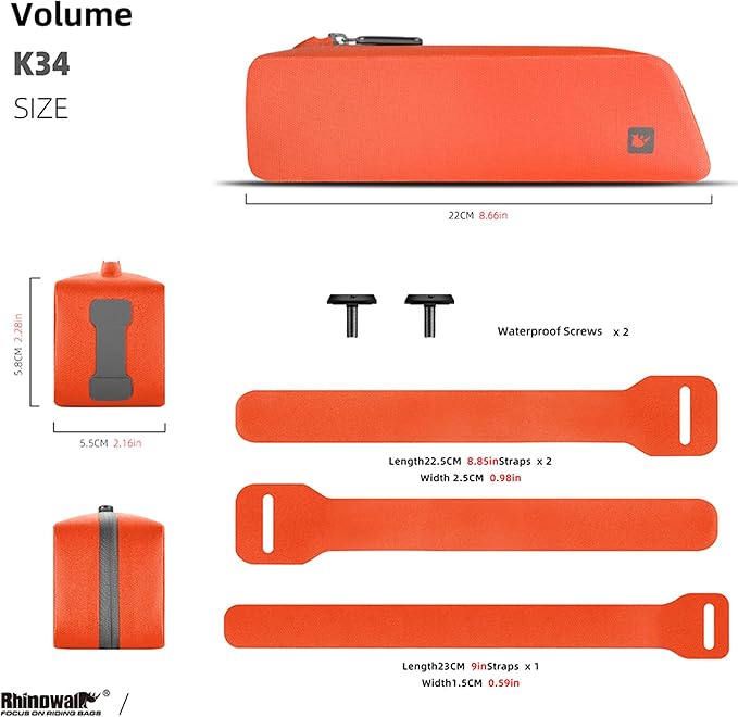 Rhinowalk Bike Top Tube Bag Bike Frame Bag with Zipper Fully Waterproof and Stable Bicycle Frame Bag Bicycle Bag Professional Cycling Accessories for Mountain Road Bike-Orange