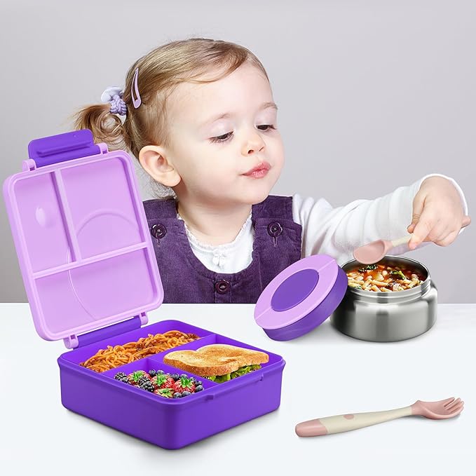 Itslife Bento Lunch Box for Kids with 8oz Soup Thermo&Lunch Bag, Leak-Proof Lunch Food Containers with 4 Compartment, Hot Food Insulated Food Jar for Kids School (Purple)
