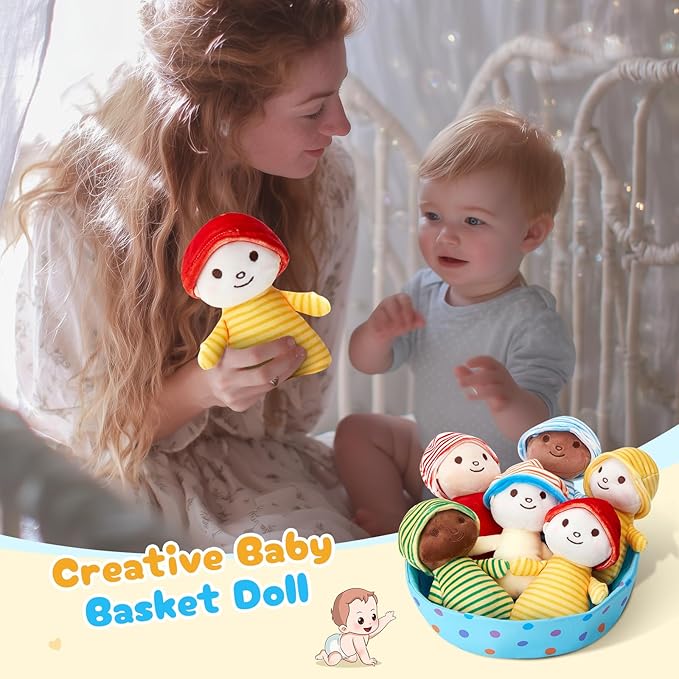 Athoinsu 6.5 Inch Plush Dolls with Basket Set of 6 Soft Dolls with Removable Hats Stuffed Toys for Kids, Toddlers, Boys & Girls