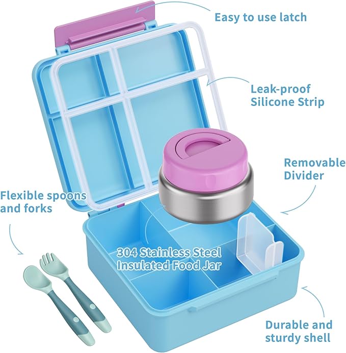Bento Box for Kids with Thermo Food Container (9oz), 4-Compartment Lunch Box, Adjustable Divider, Leakproof Bento Lunch Box, Includes Utensils & Carry Bag for School, Office(Light Blue)