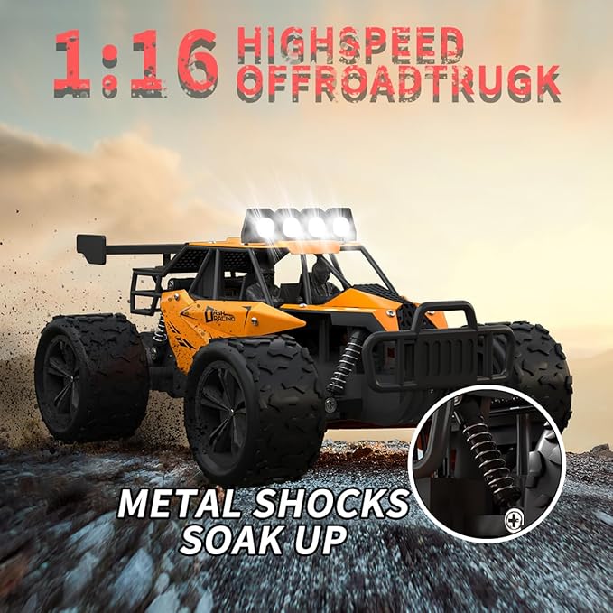 Remote Control Car Monster Truck Toys 1:16 Scale RC Car For Boys 2.4GHz High Speed 20 km/h With LED Headlights,Rechargeable RC Cars Gifts for Boys 4-7 8-12 Christmas, Beginner, Kids 6-12+(Orange)
