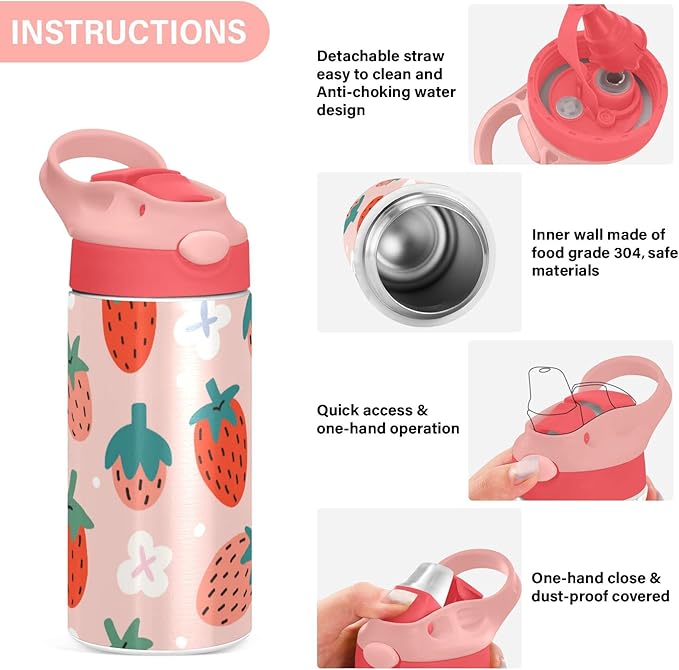 Kigai Black & White Cow Print Kids Water Bottle with Straw Lid, Vacuum Insulated Stainless Steel Double Walled Leakproof Tumbler Travel Cup for Girls Boys Toddlers, 12 oz