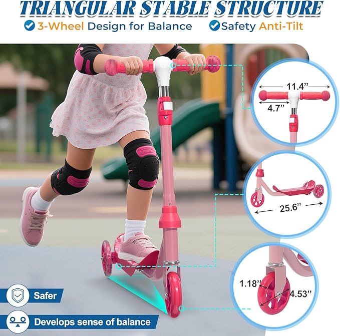 Kids Kick Scooter with Adjustable Height & LED Flash Wheels | 3 Growing Levels | Outdoor Fun for Boys & Girls