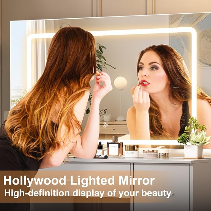 39.4''W Vanity Desk with Large Lighted LED Mirror, White Vanity Desk with Lighted Mirror, Drawers, 3-Color Adjustable Brightness, Big Makeup Vanity Desk Dressing Table for Bedroom, Girls, Women