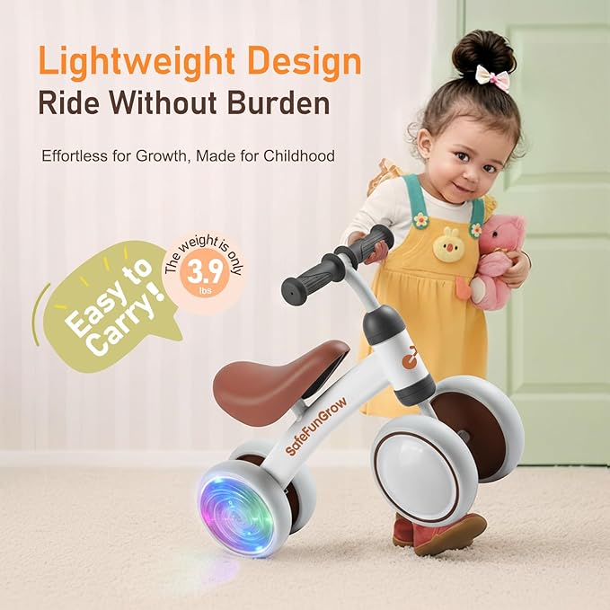 Colorful Lighting Baby Balance Bike Toys for 1 Year Old Girl Gifts, Balance Bike 1 Year Old No Pedal, 12-24 Months Toddler Ride on Toys with 4 Silent Wheels & Soft Seat, 1st Birthday Gifts, White