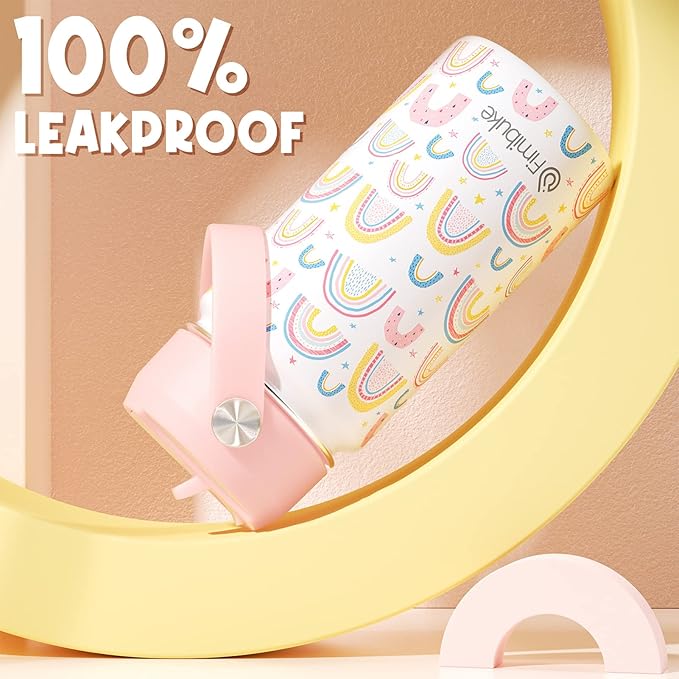 Fimibuke Kids Insulated Water Bottle, 14oz BPA FREE 18/8 Stainless Steel Travel Tumbler Double Wall Vacuum Leak Proof Kids Cup with Straw Metal Water Bottle for School Boys Girls(1 Pack, Rainbow)