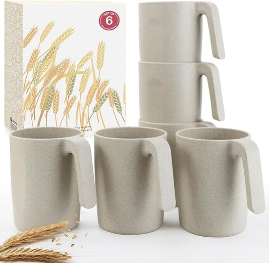 16oz Wheat Straw Cups with handles set of 6-Plastic Cups Reusable-Unbreakable Kids Mugs-Dishwasher Safe & Microwave Safe-Ideal Plastic Mugs for Tea,Coffee,Camping,RV-Beige