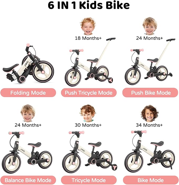 JMMD Toddler Bike with Push Handle for Kids 18-60 Months, 6 in 1 Foldable Push Bike with Training Wheels, Pedals, Brakes, Kickstand, Kid Balance Bike Gift & Toys for Boy & Girl