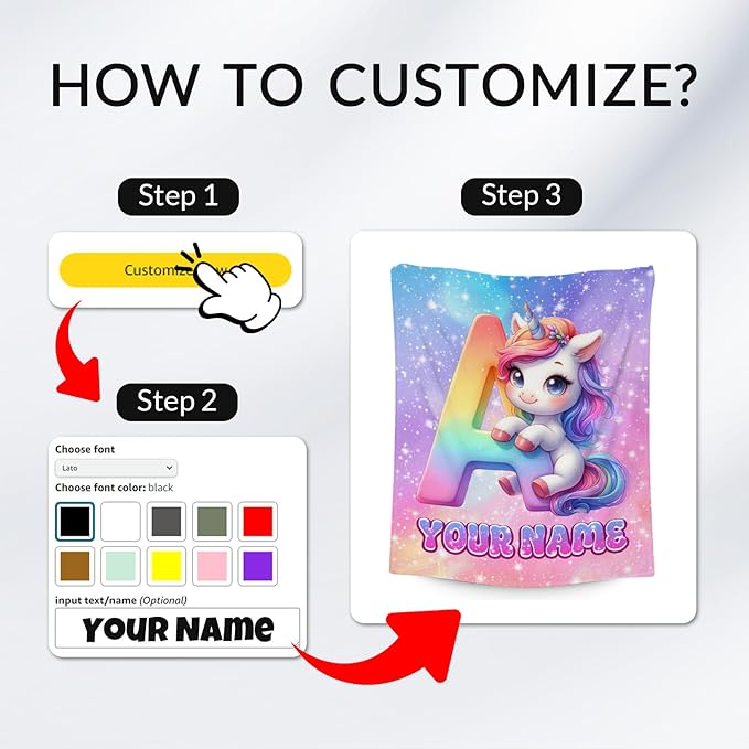 Unicorn Blanket - Personalized Girls Blanket with Name for Kids - Custom Monogram Gifts for Daughter - Plush Soft Fleece Throws - 4 Sizes for Toddler/Children/Teens/Adults