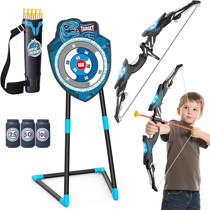 Kids LED Standing Archery Set with Bow & Arrows – Outdoor Sports Toy Gift for Boys & Girls Ages 4-12, Safe & Fun Target Practice Game, Blue