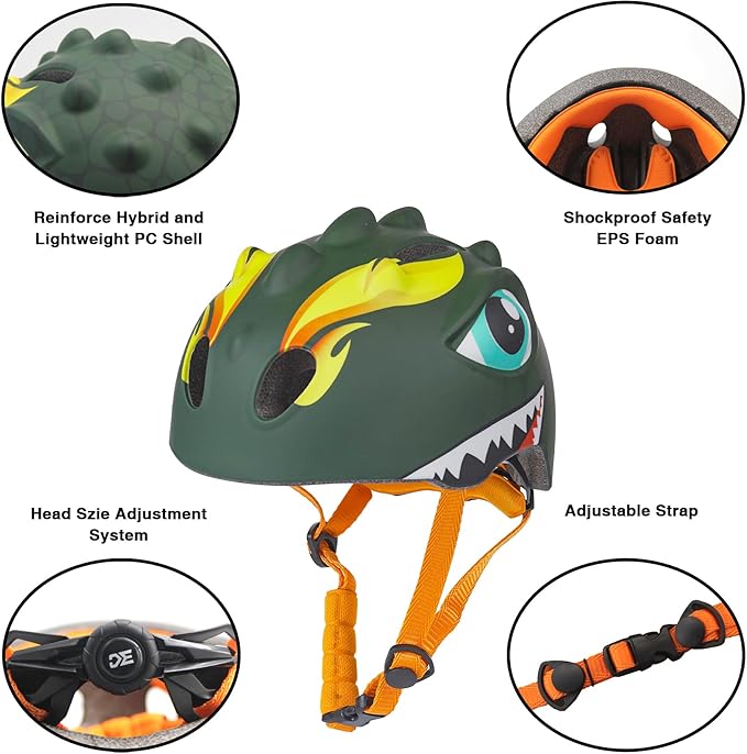 Toddler Helmet Kids Bike Helmet for 2 3 4 5 6 7 8 Years Old Girls with 3D Dinosaur Design Protective Gear Set and Safety Certified, Toddler Bike Cycling Skating Skateboard Scooter Helmet