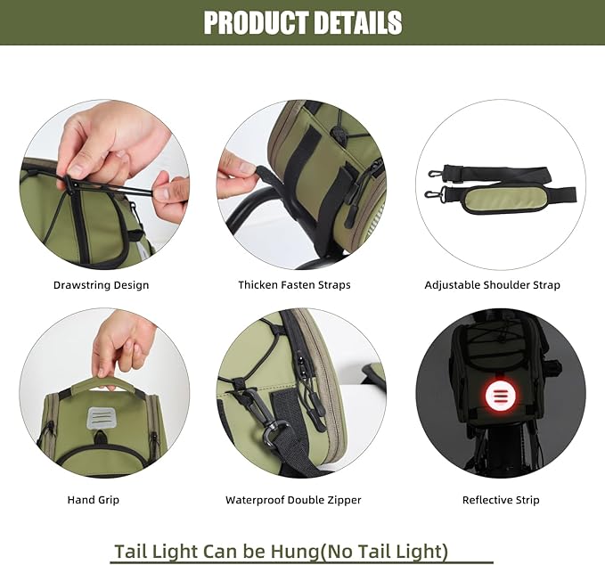 Rear Bike Rack Bag Waterproof Bike Bags with Reflector, Rain Cover & Shoulder Strap for Commuter Travel Outdoor, Green
