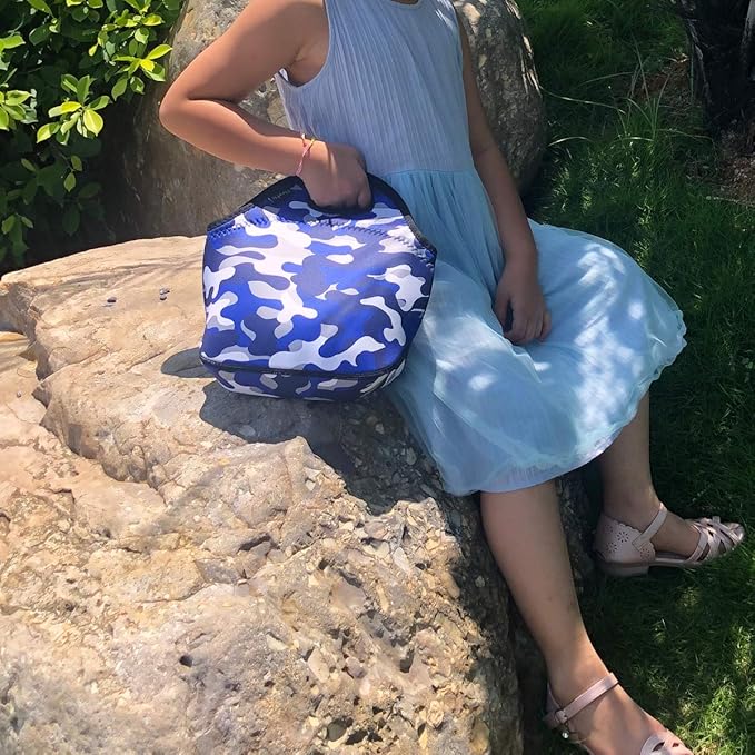 FlowFly Neoprene kids Lunch box Insulated Soft Bag Mini Cooler Thermal Meal Tote Kit for Boys, Girls,Men,Women,School,Work, Office, Blue Camo