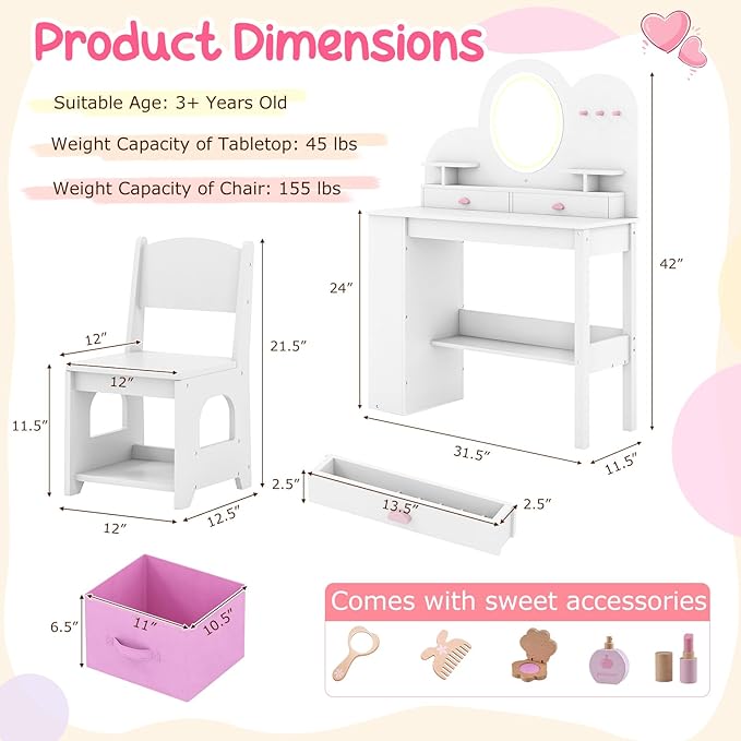 Costzon Kids Vanity, Girls Vanity Set with Lighted Mirror, Bookshelf, Drawers, Hooks & Storage Shelves, Toddler Makeup Vanity Desk Dressing Table, Wooden Kids Vanity Table and Chair Set (White)
