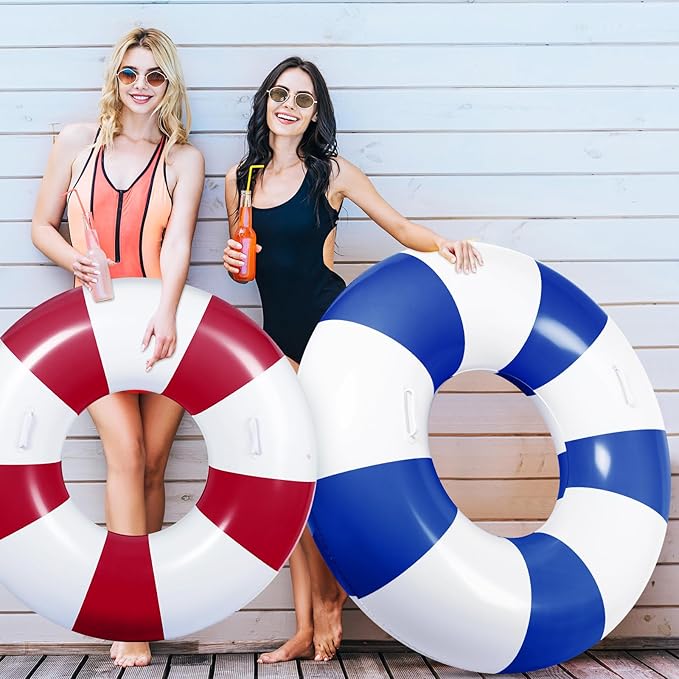 3 Pcs Large Swim Ring with Handles Set 47.24" 39.37" 35.43" Inflatable Pool Inner Tube Classic Striped Pool Ring Floats for Adults Teens Summer Lounger Beach Party Supplies