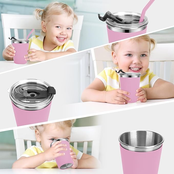 Stainless Steel Kids Cups with Lids and Straws Leakproof, 2 Pack 12oz Spill Proof Cups for Toddlers Kids Tumblers Unbreakable Sippy Cup with Straws for School, Outdoor (Pink & Purple)