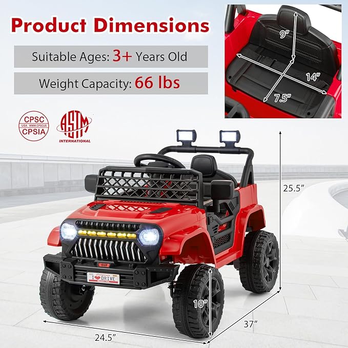 Costzon Kids Ride On Truck, 12V Battery Powered Electric Vehicles w/Remote Control, Spring Suspensions, 3 Speeds, Music, Lights, Wireless Connection, Ride on Car for Boys & Girls 3+ (Red)