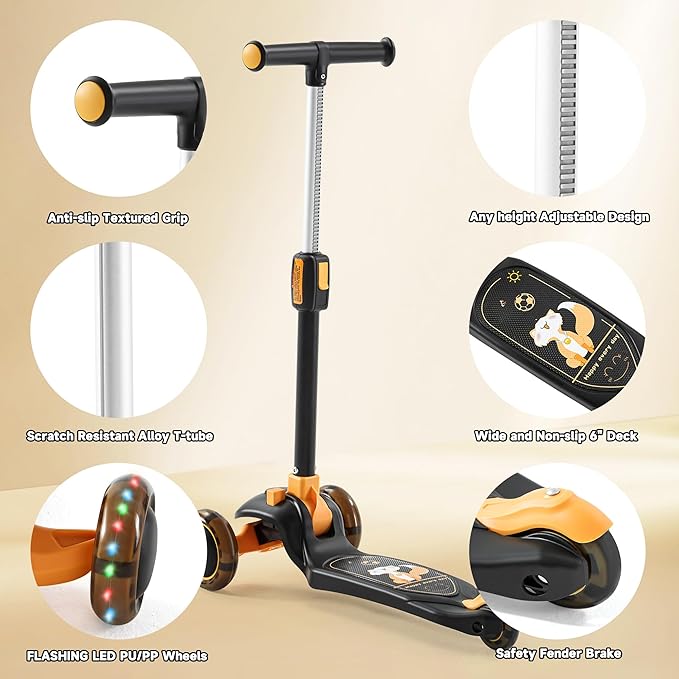 GLAMUP Kids Kick Scooter 3 Wheels, Kids Scooter Height Adjustable Handlebar, Lean-to-Steer System & Easy-Folding Mechanism, Ages 3-14 Boys and Girls