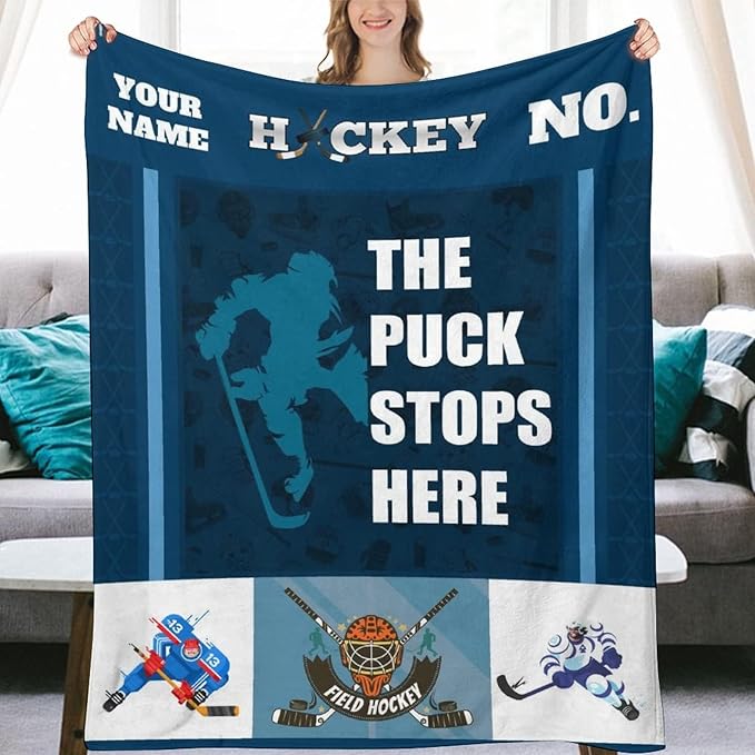 Personalized Hockey Gifts - Ice Hockey Blanket for Boys - Custom Kids Throw Blankets for Girls - 40"x50" Soft Plush Throws for Couch, Office