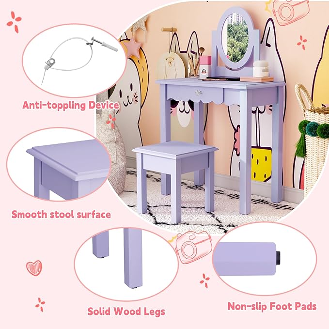 HLR Kids Vanity, Girls Vanity Set with Mirror and Stool, Wooden 2 in 1 Princess Makeup Desk Dressing Table with Detachable Top, Toddler Vanity Dresser Set with Drawer for Little Girls, Purple
