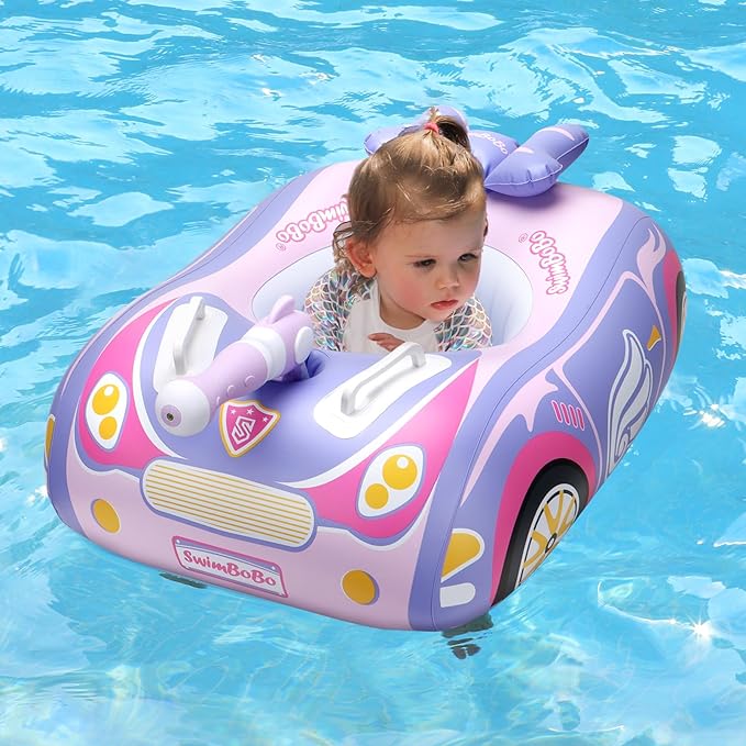 Swimbobo Toddler Pool Float with Seat Boat Inflatable Ride-on Airplane Pirates Sharks Car for Kids Outdoor Toys
