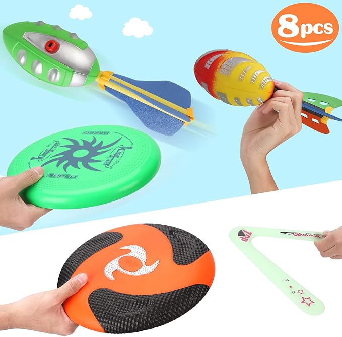 8-in-1 Sports Combo Play Set - Ultimate Outdoor Family Backyard Games with Foam Football, Flying Discs, Aero Rings, Boomerang, Whistling Missiles – Throw & Catch Fun Activities for Kids