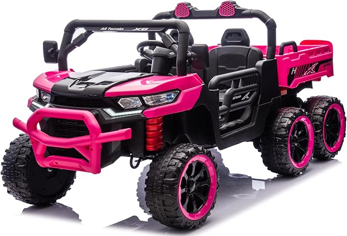 24V UTV 2 Seater Dump Truck with Remote Control, Electric Dump Bed, 4WD Power Ride on Truck Cars 6x6 Wheels, Music, Storage Trunk, Shovel for Kids-Pink
