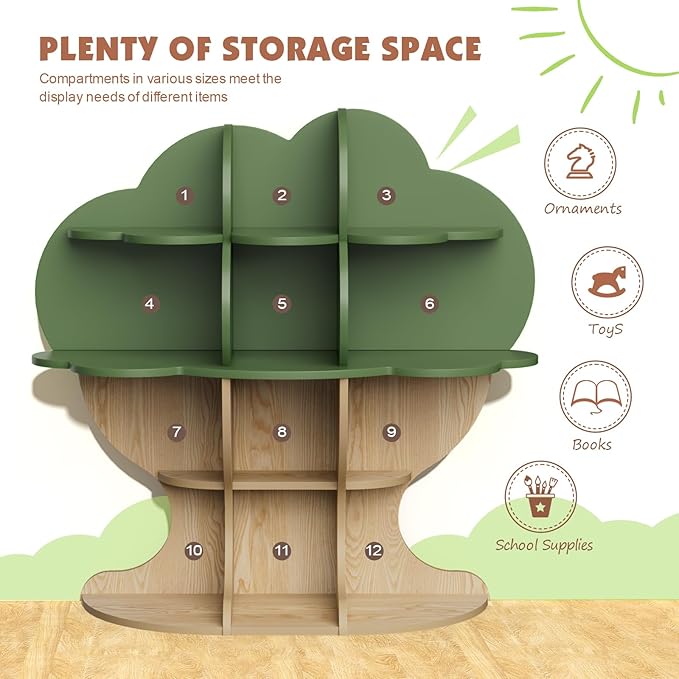 Green Tree Kids Bookshelf Toddler Bookcase 4-Tier Baby Book Rack Children Toy Storage Organizer Forest Wood Display Shelf for Nursery Playroom Bedroom Classroom School Homeschooling Boy Girl’s Gift