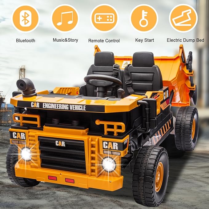 24V 4WD 2-Seater XL Kids Ride on Truck Electric Toy Car with Electric Dump Bed, Parents Remote Control Kids Car Tractor Toys Ride-on Dump Truck for Boys and Girls Ages 3+, Yellow