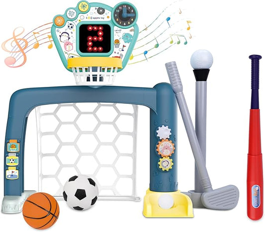 4 in 1 Adjustable Basketball Hoop Soccer Goal for Toddlers 1-3,Kids Sports Toys with Golf Baseball Toy,LED Scoreboard, Music & Educational Games,Indoor & Outdoor Baby Activity Center Age 18+M Boy Girl
