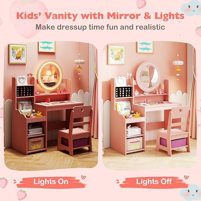 HONEY JOY Kids Vanity with Lights, Wooden Princess Makeup Dressing Vanity Desk with Jewelry Storage, Open Shelves, 2 in 1 Toddler Vanity Table & Chair Set with Lighted Mirror for Little Girls(Pink)