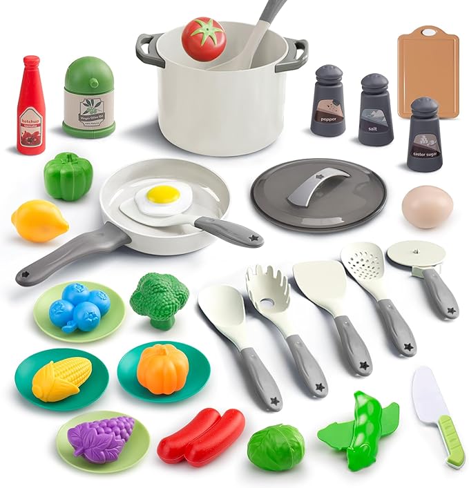 35Pcs Kids Kitchen Toy Accessories, Toddler Pretend Cooking Playset with Play Pots, Pans, Utensils, Cookware, Play Food Set, Toy Vegetables, Learning Gift for Girls & Boys (White)
