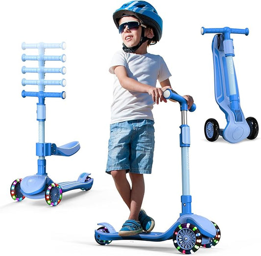 2-in-1 Adjustable Kick Scooter for Kids 3-5 (Suitable 3-12 Years),5-Level Handlebar & Removable Seat, LED Light-Up Wheels, Wide Deck, Foldable Design for Indoor/Outdoor Use - Girls & Boys