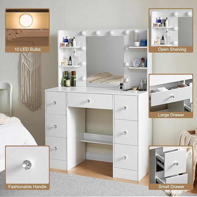 White Vanity Desk with Lighted Mirror, 39.4''W Makeup Vanity with 3-Color Adjustable Brightness, 7 Drawers & Open Shelves, Big Vanity Table for Bedroom, Girls & Women