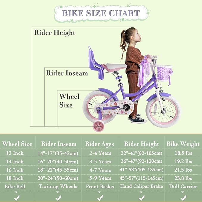 RULLY Daisy Kids Bike for Girls Ages 2-9 Years, 12 14 16 18 Inch Princess Girls Bicycle with Doll Bike Seat, Training Wheels, Basket and Streamers, Kids Cycle Bikes, Multiple Colors
