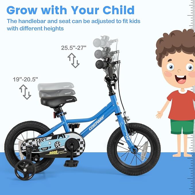 COSTWAY 12/14/16/18 Inch Kids Bike, Boys & Girls Training Bike w/Removable Training Wheels, Pneumatic Tires, Adjustable Handlebar & Seat, Dual Brake System, Children Toddler Bicycle for 3-8 Years Old