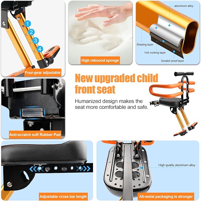 Child Bike Seat - Front Mount, Kids Bike Seat for Adult Bike,Retractable Baby Bike Seat Front Mounted, Toddler Bike Seat for Children 2~6 Years