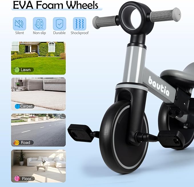 5 in 1 Kids Tricycle for Toddlers 1-3 Baby Balance Bike Toy for 1-4 Years Old Boys Girls Gift with Push Handle & Removable Pedals, Gray (No Parent Steering Version)