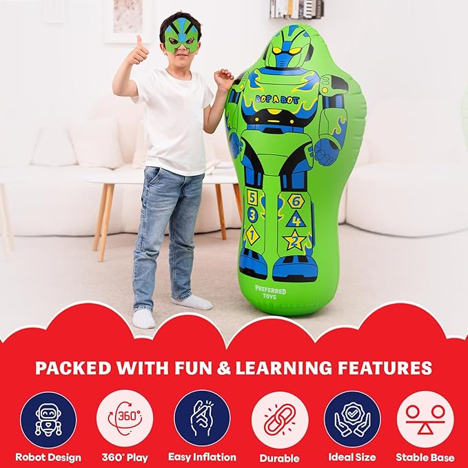 Inflatable Punching Bag for Kids – 47-Inch Bop Bag with Instant Bounce-Back Action, Includes Mask & Comic Book – Heavy Duty PVC Punching Dummy for Boys & Girls, Indoor & Outdoor Play