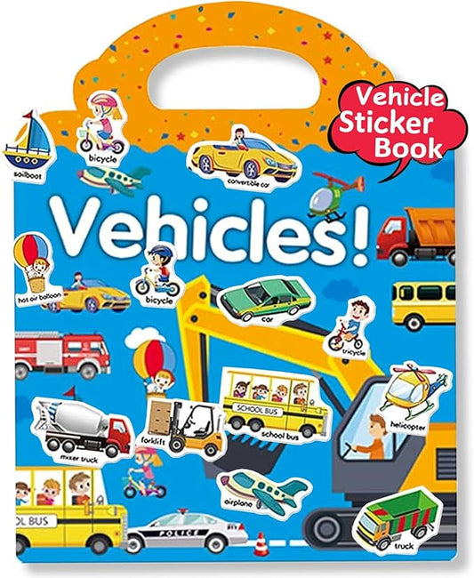 Reusable Sticker Books for Kids, Travel Removable Toddler Vehicle Sticker Books for 3 4 5 Year Old Girls Boys Birthday Gifts Educational Learning Toys for Age 3-5