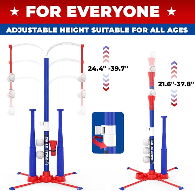 EagleStone 3-in-1 Toddler T Ball Set for Kids 3-5 5-8, 2 Baseball Bats, Adjustable Height Hanging Tee, Tball Batting Stand, Ball Launcher, Outdoor/Indoor Baseball Toys,Backyard Sports Gift