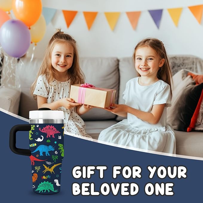 Dinosaur Tumbler Gifts, 14oz Dinosaur Themed Tumbler with Handle and Straw, Stainless Steel Double Wall Vacuum Insulated Cup Keep Hot Cold - 14oz Travel Mug with Lid Tumblers for Home Work Outdoor Use