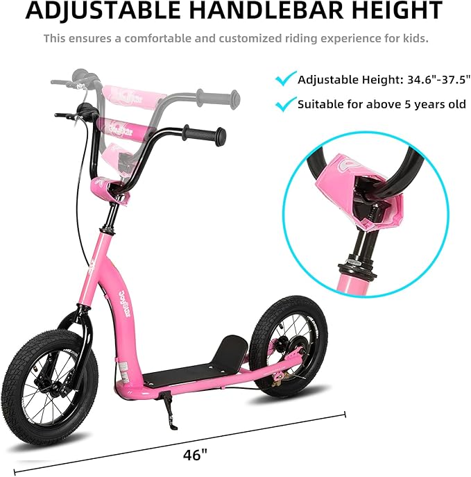 JOYSTAR Kick Scooter for Kids 5+ Teens & Youth, Lightweight Kids Scooter with Adjustable Handlebar, 2 Wheel Scooter for Boys & Girls, 12" Inflatable Wheels Rear Drum Brakes