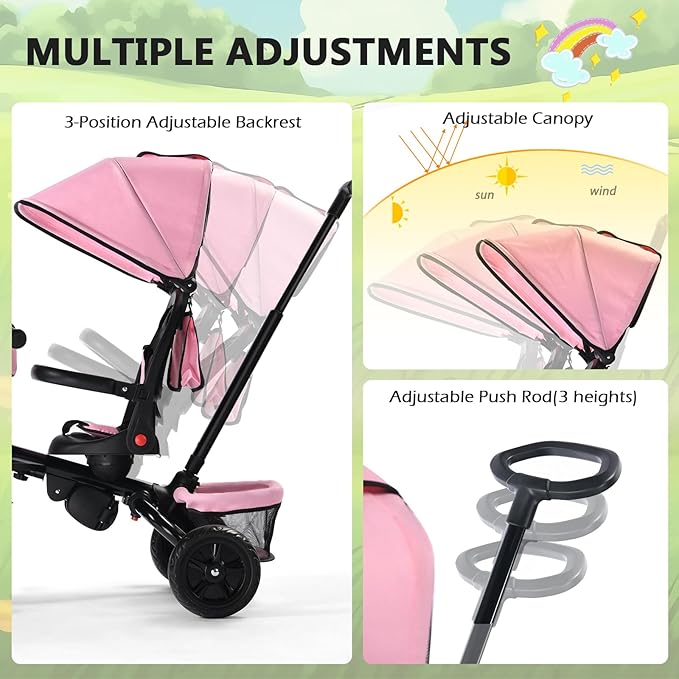 Kinder King Kids Tricycle, 7 in 1 Folding Toddler Trike w/Adjustable Push Handle, Rotatable Seat, Adjustable Canopy, Safety Harness, Storage, Toddler Stroller Bike for Age 6 Months+,Pink