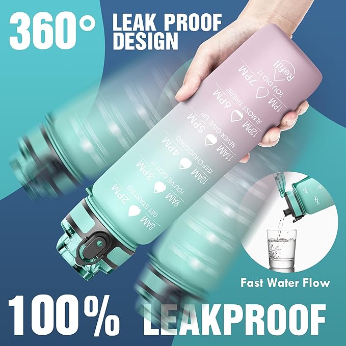 OLDLEY Water Bottle, 32oz Motivational Sports Water Bottle with Time Marker - Times to Drink - Tritan, BPA Free, Wide Mouth Leakproof, Bubble Gum (1 Bottle)