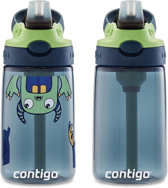 Contigo Aubrey Kids Cleanable Water Bottle with Silicone Straw and Spill-Proof Lid Blueberry & Monsters 14 Ounce 2-Pack